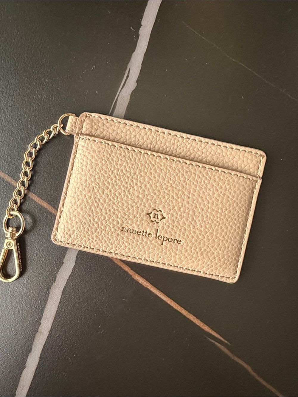 Nanette Lepore Pebbled Beige Card Holder with Gold Chain